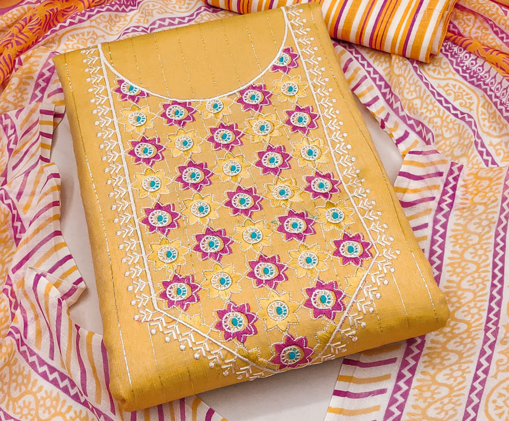Yellow Cotton Printed Dress Function  Wear  Printed Work Semi Stitched  Matrials For Women