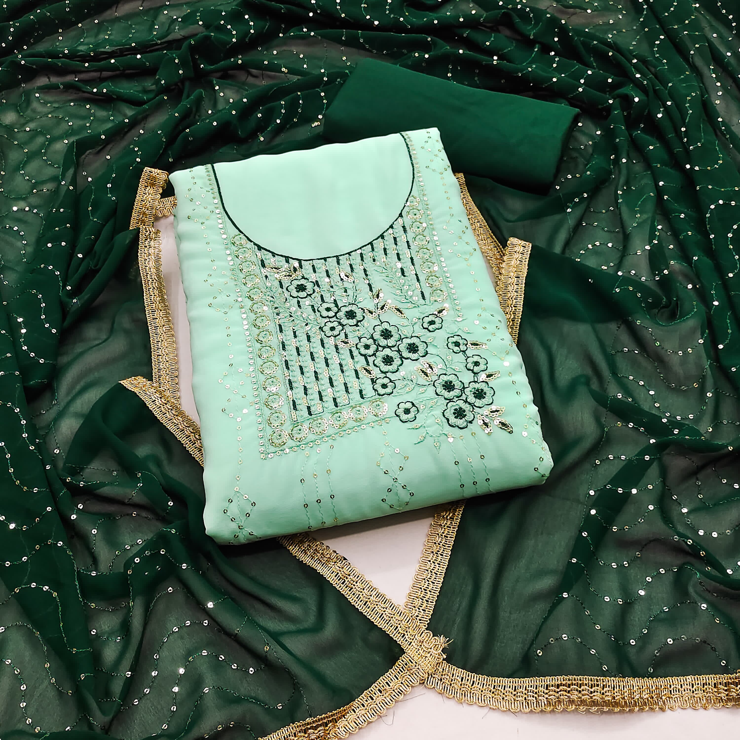 Sea Green Faux Georgette Dress Wedding Wear  Embrodary  Work Semi Stitched  Matrials For Women