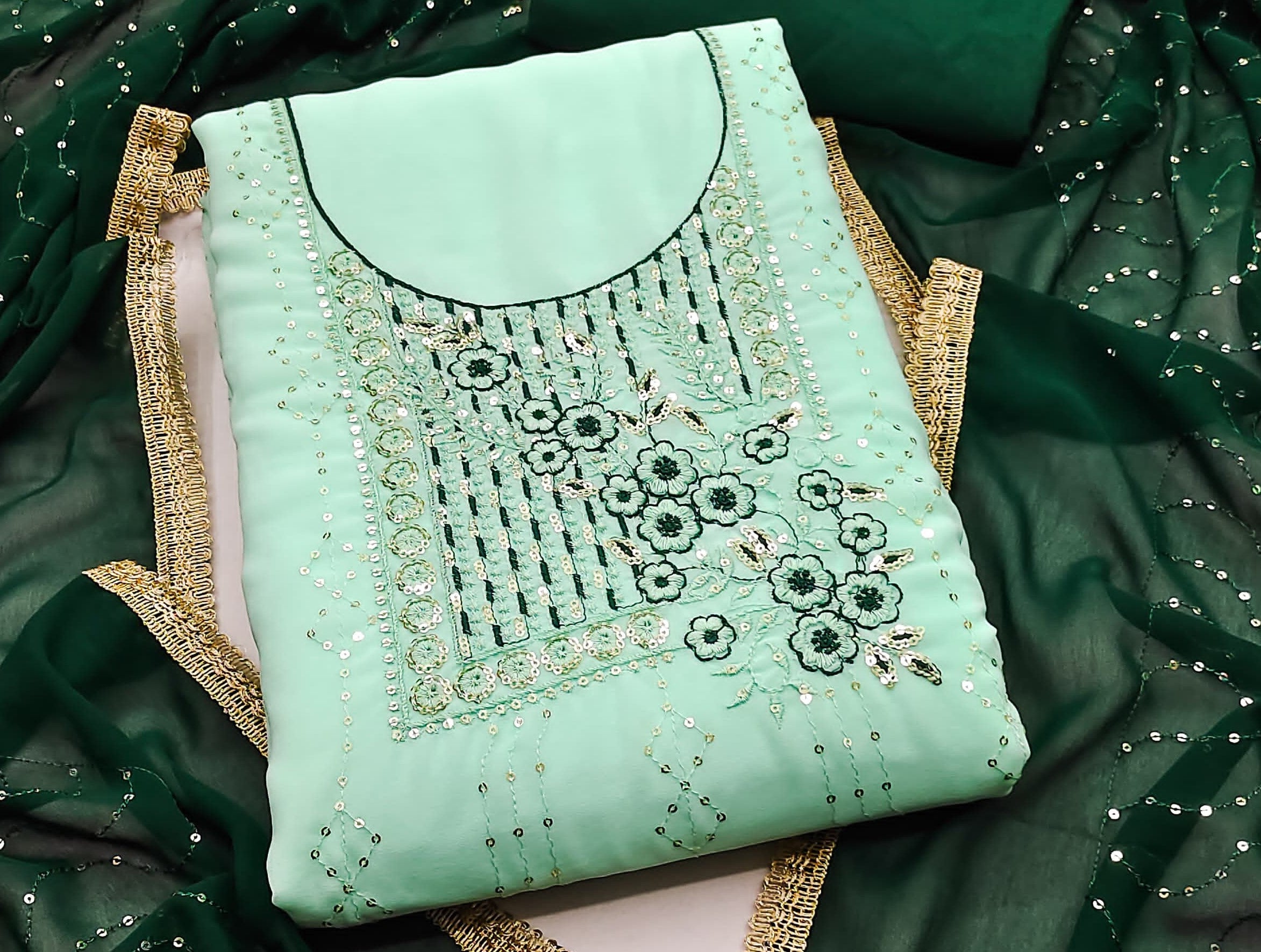 Sea Green Faux Georgette Dress Wedding Wear  Embrodary  Work Semi Stitched  Matrials For Women