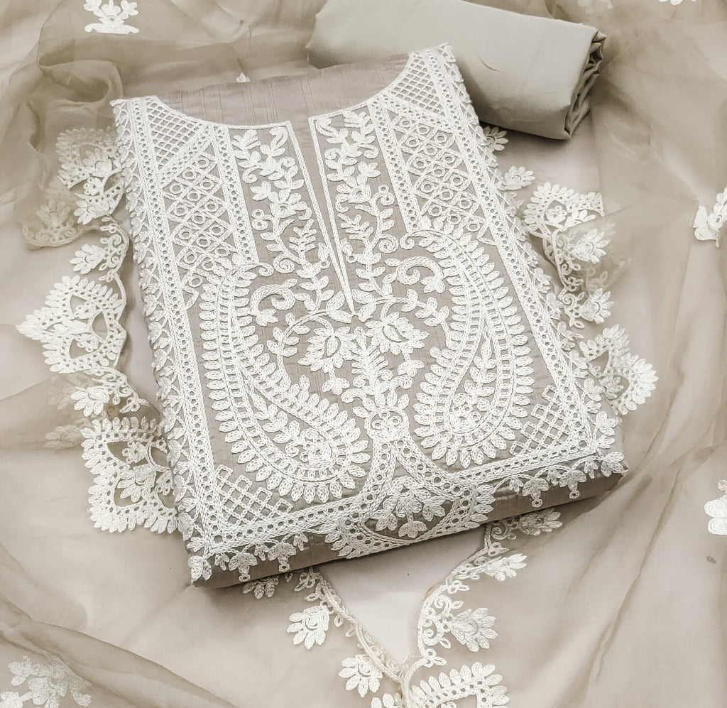 Zooara Grey Color Cotton Silk Function And Wedding Dress Embrodary Work Matrials With Bottom And Dupatta