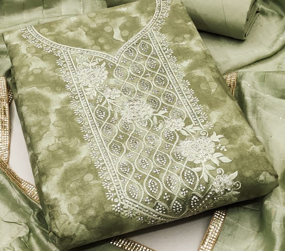 Zooara Light Green Color Heavy Cotton Function And Wedding Dress Embrodary Work Matrials With Bottom And Dupatta