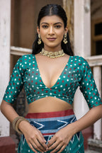 Vsaree Rama Tussar Silk Saree With Leriya Print And Zari Border With Kalamkari Pallu With Blouse