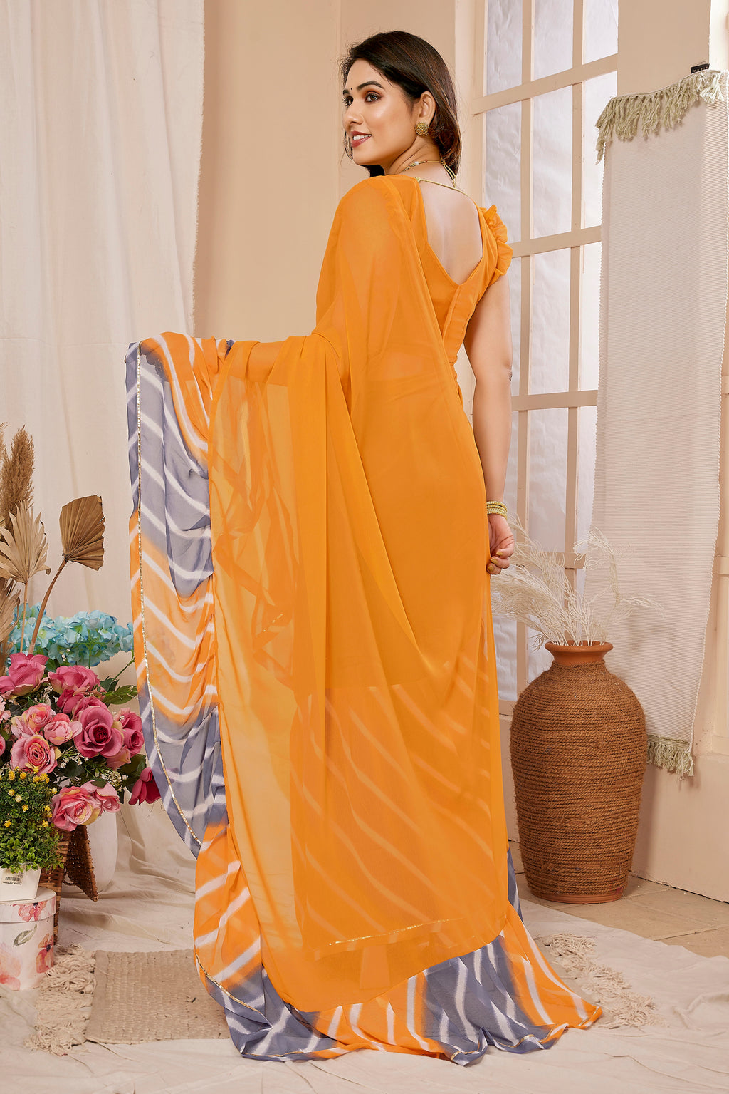 Vsaree Orange Ruffal Georgette Saree And Designer Border With Heavy Rich Pallu