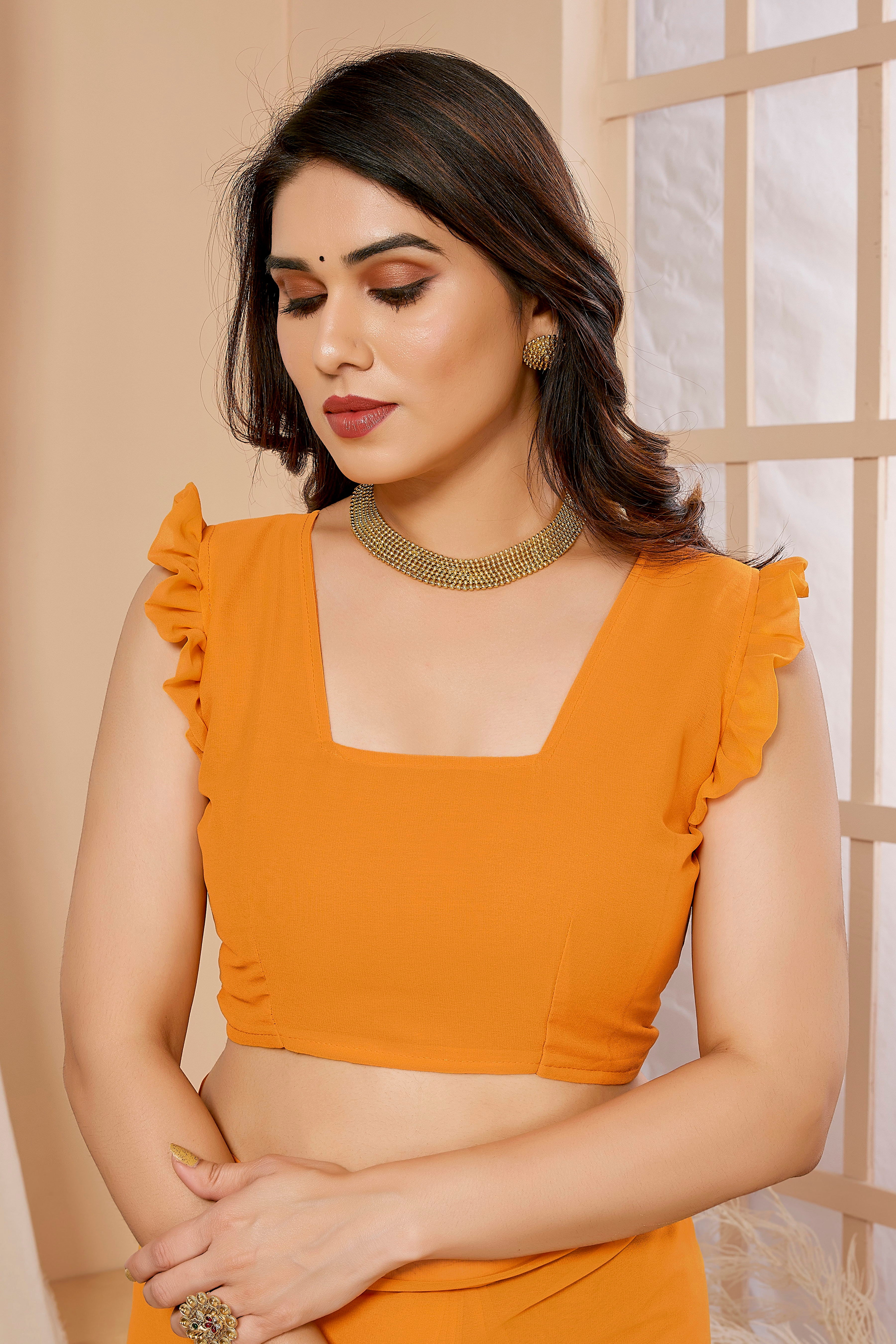Vsaree Orange Ruffal Georgette Saree And Designer Border With Heavy Rich Pallu