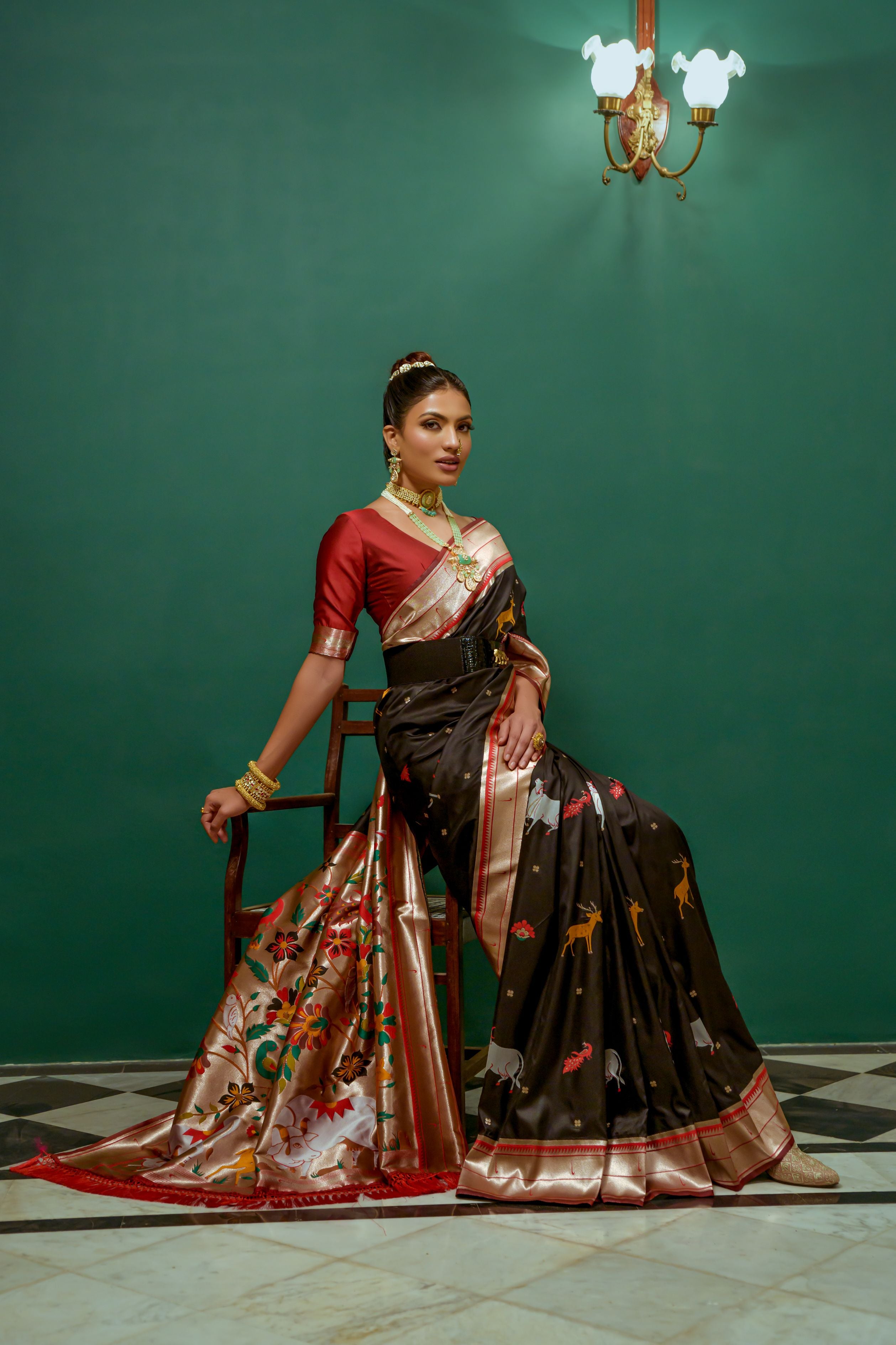 Vsaree Black Soft Paithani Silk Saree with Rich Pallu Contras Border And BLouse Piece For  Women
