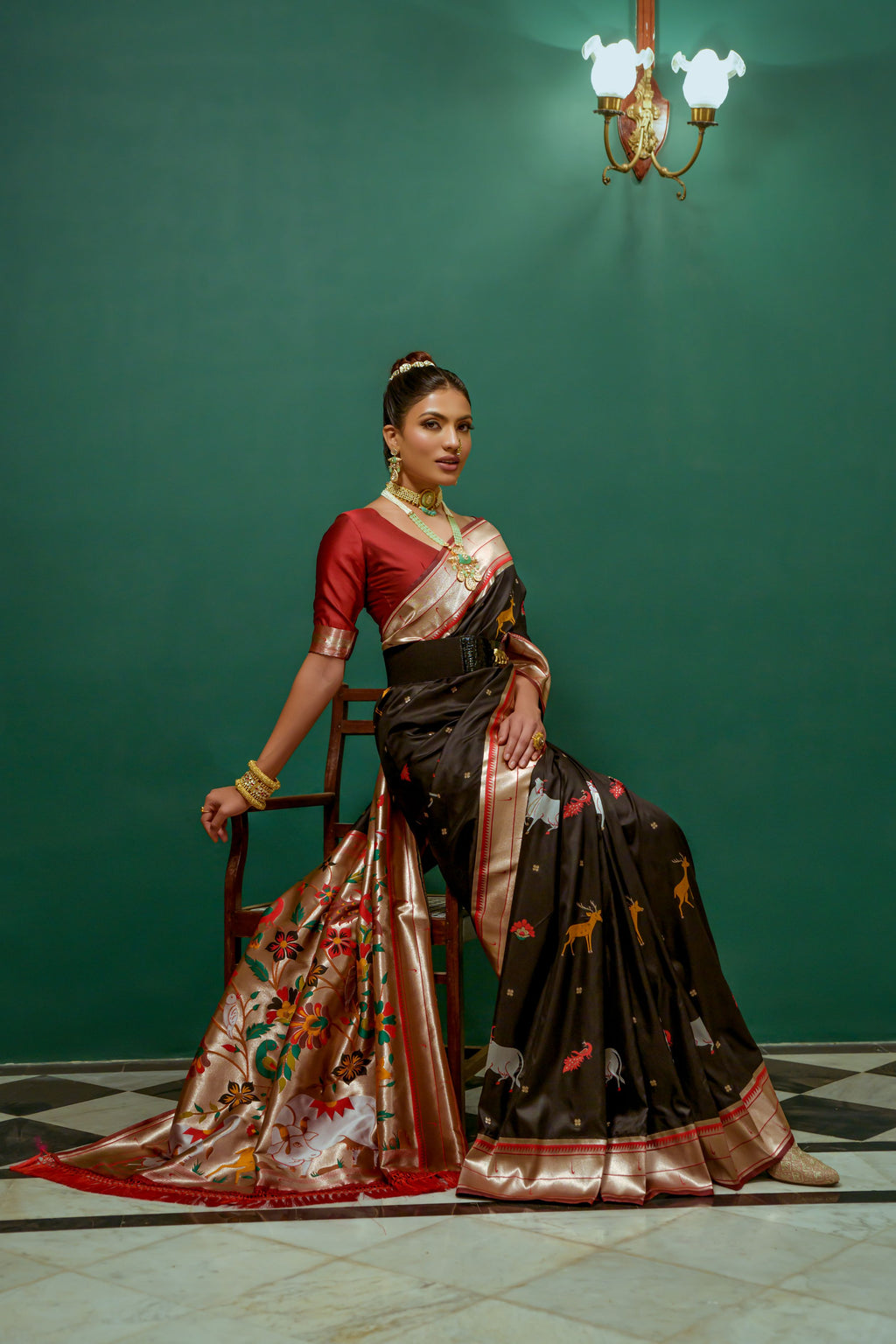 Vsaree Black Soft Paithani Silk Saree with Rich Pallu Contras Border And BLouse Piece For  Women