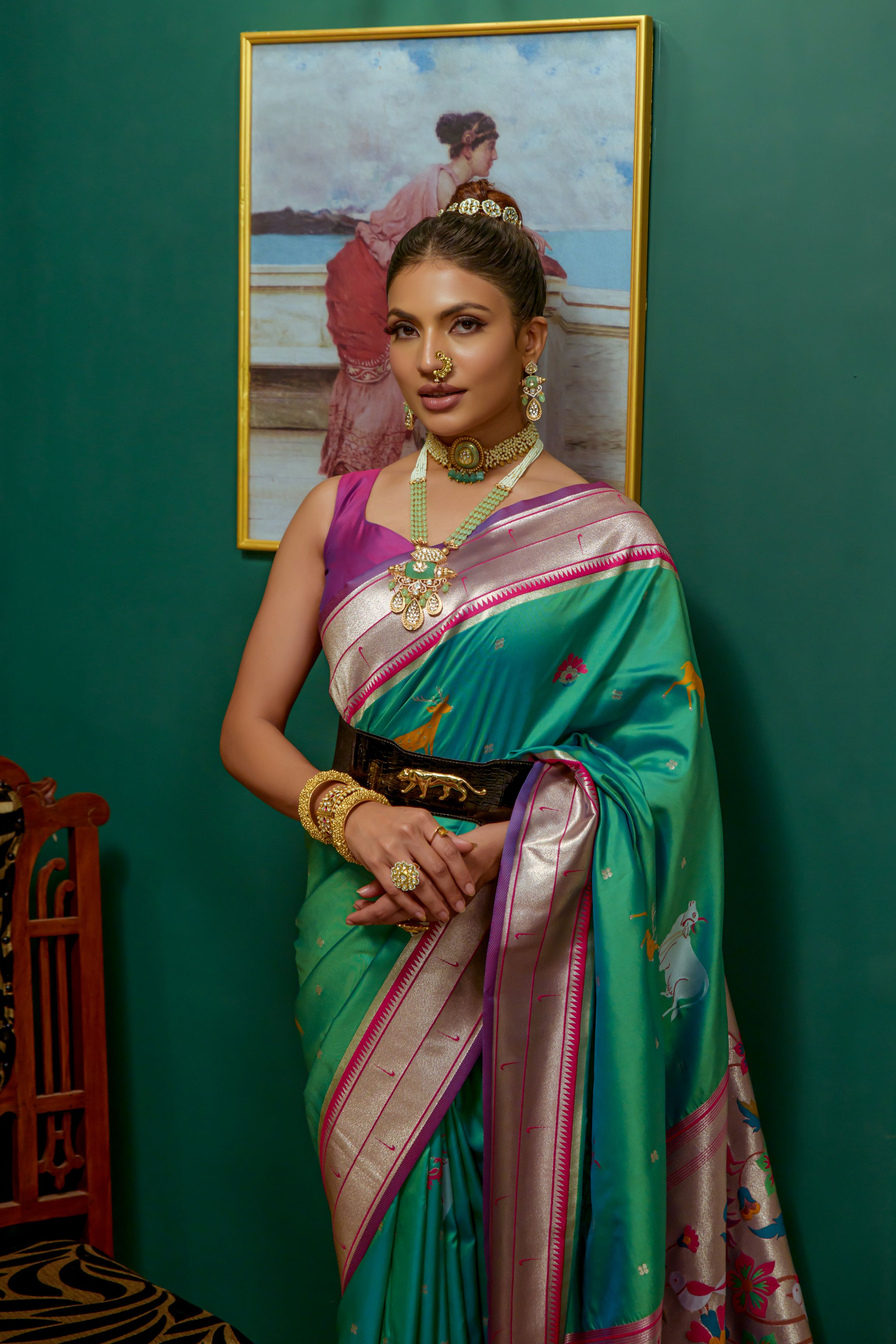 Vsaree Sea Green Soft Paithani Silk Saree with Rich Pallu Contras Border And BLouse Piece For  Women