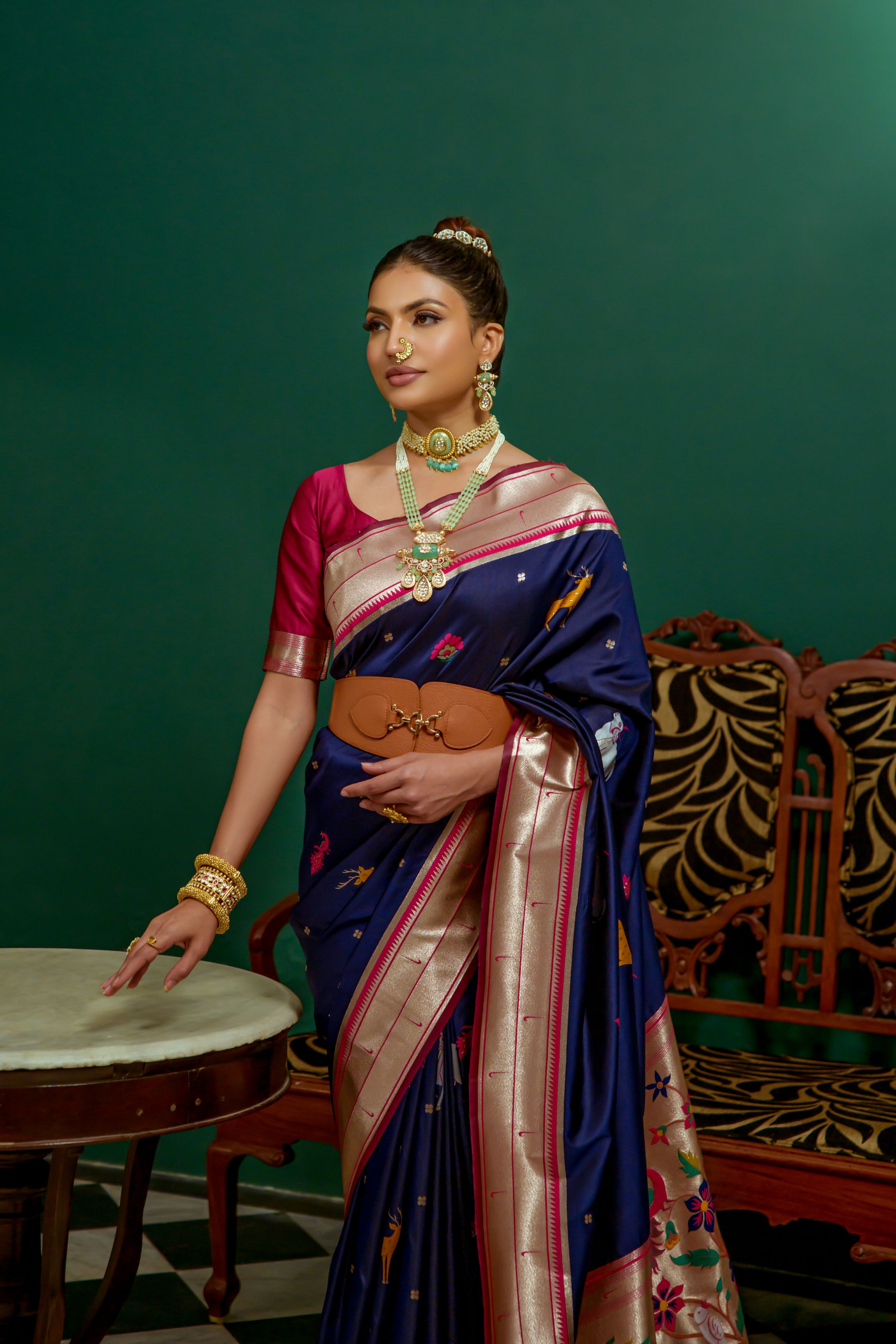 Vsaree Navy Blue Soft Paithani Silk Saree with Rich Pallu Contras Border And Blouse Piece For  Women