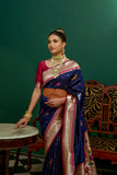 Vsaree Navy Blue Soft Paithani Silk Saree with Rich Pallu Contras Border And Blouse Piece For  Women