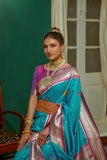 Soft Mulberry silk saree with all over classic zari weaving touchup with silver and gold zari weaving Linning all over to saree with pattern weaved border and gold zari pallu