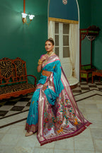 Vsaree Teal Soft Paithani Silk Saree with Rich Pallu Contras Border And Blouse Piece For  Women