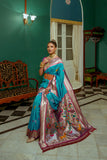 Soft Mulberry silk saree with all over classic zari weaving touchup with silver and gold zari weaving Linning all over to saree with pattern weaved border and gold zari pallu