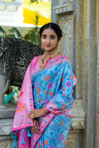 Vsaree Firozo Soft Banarasi Silk Paithani Saree with Zari Weaving Pattern With Contrast Border And Rich Pallu With Contrast Blouse