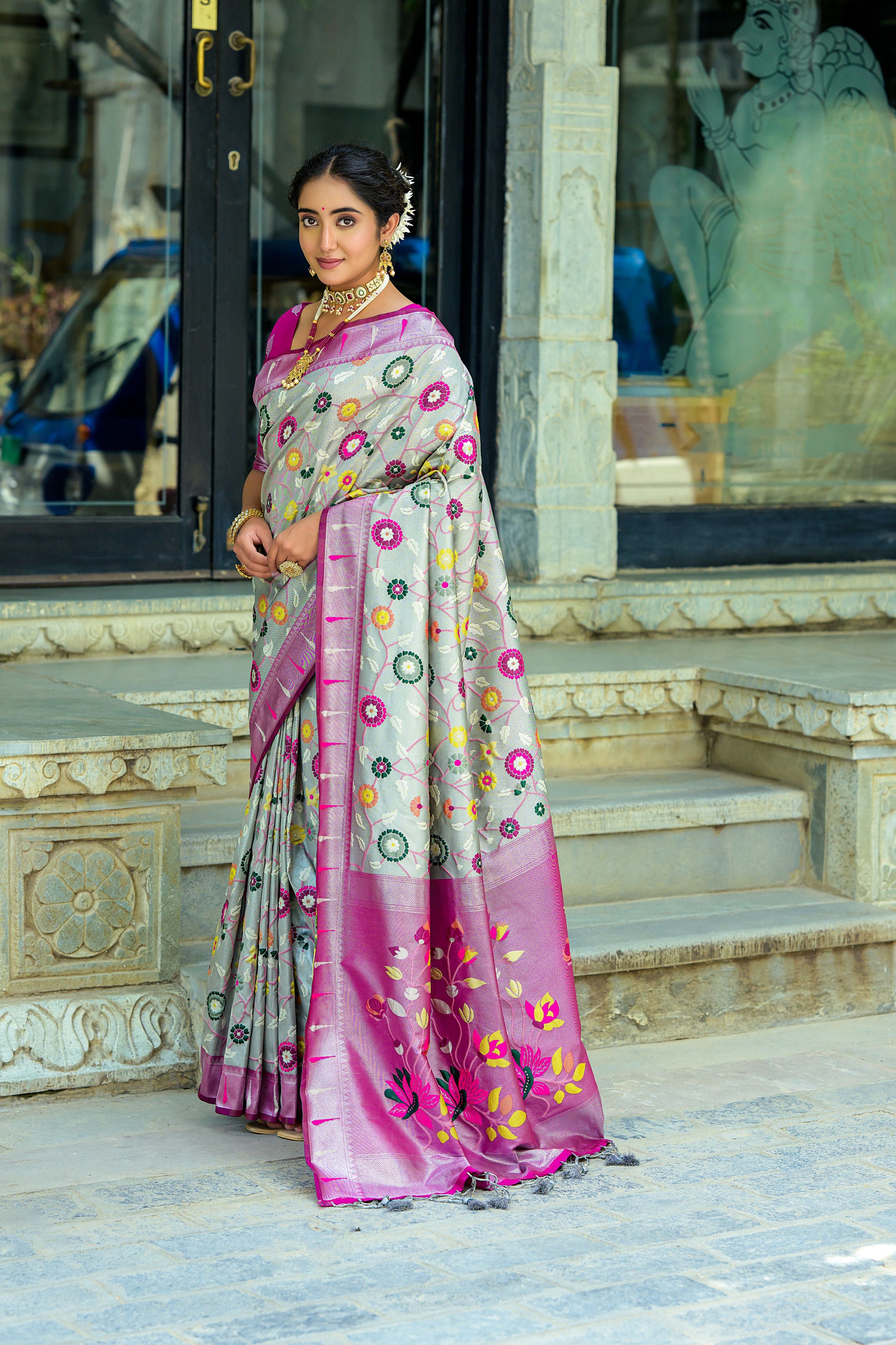 Vsaree Grey Soft Banarasi Silk Paithani Saree with Zari Weaving Pattern With Contrast Border And Rich Pallu With Contrast Blouse