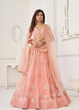WOMEN'S PEACH BUTTERFLY NET WITH SEQUINS AND EMBROIDERY WORK LEHENGA CHOLI FOR PARTY WEAR
