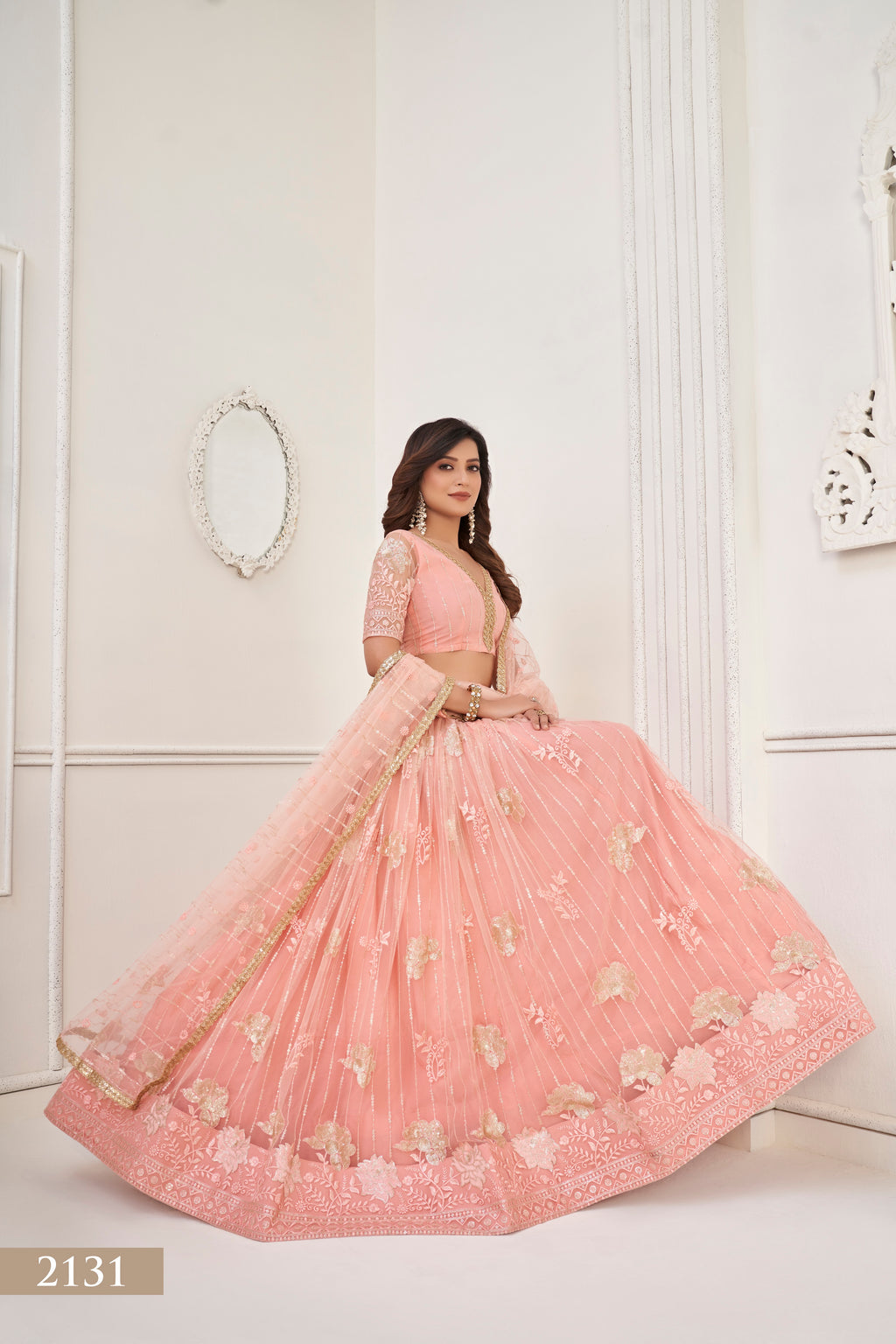 WOMEN'S PEACH BUTTERFLY NET WITH SEQUINS AND EMBROIDERY WORK LEHENGA CHOLI FOR PARTY WEAR