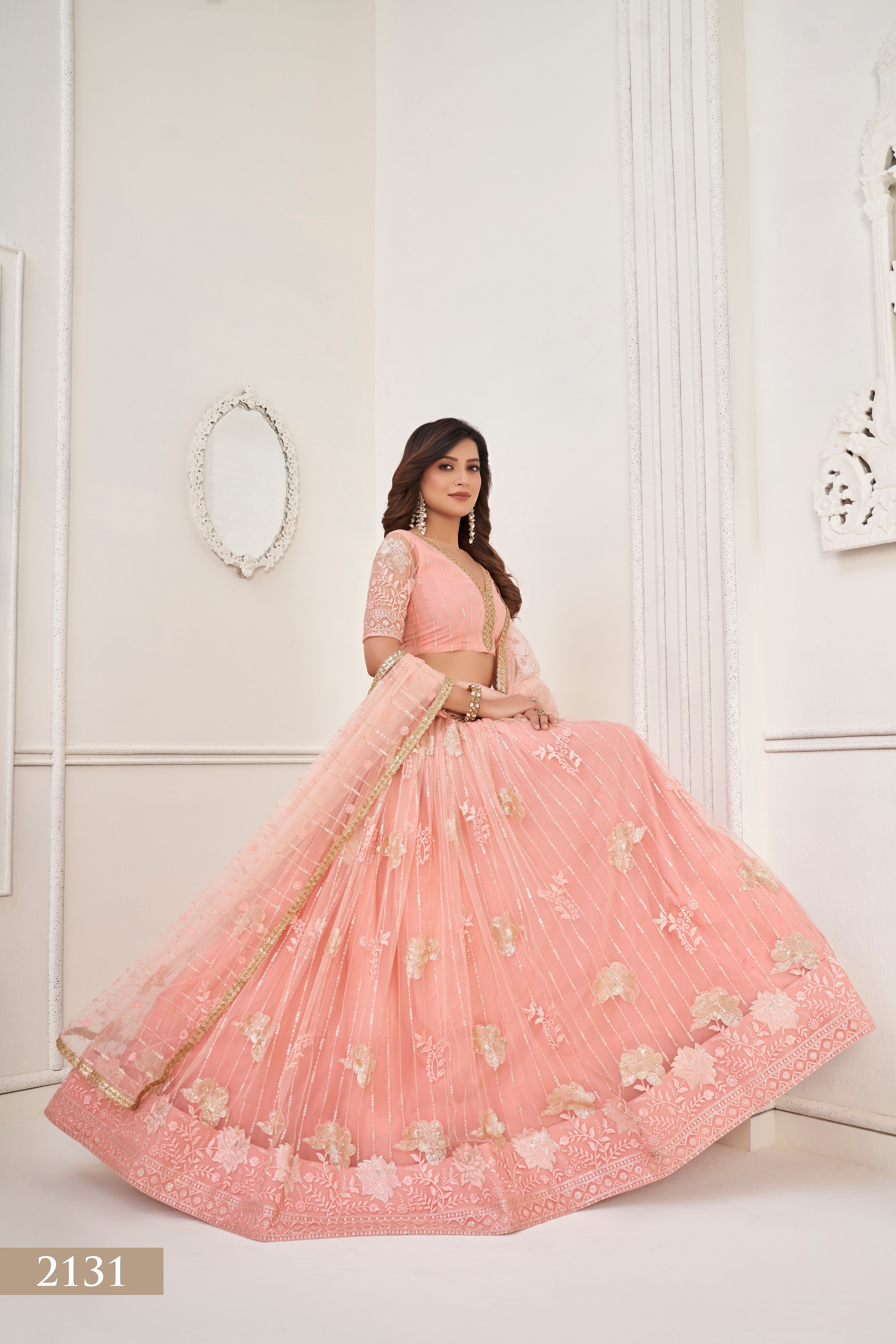 WOMEN'S PEACH BUTTERFLY NET WITH SEQUINS AND EMBROIDERY WORK LEHENGA CHOLI FOR PARTY WEAR