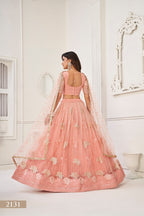 WOMEN'S PEACH BUTTERFLY NET WITH SEQUINS AND EMBROIDERY WORK LEHENGA CHOLI FOR PARTY WEAR
