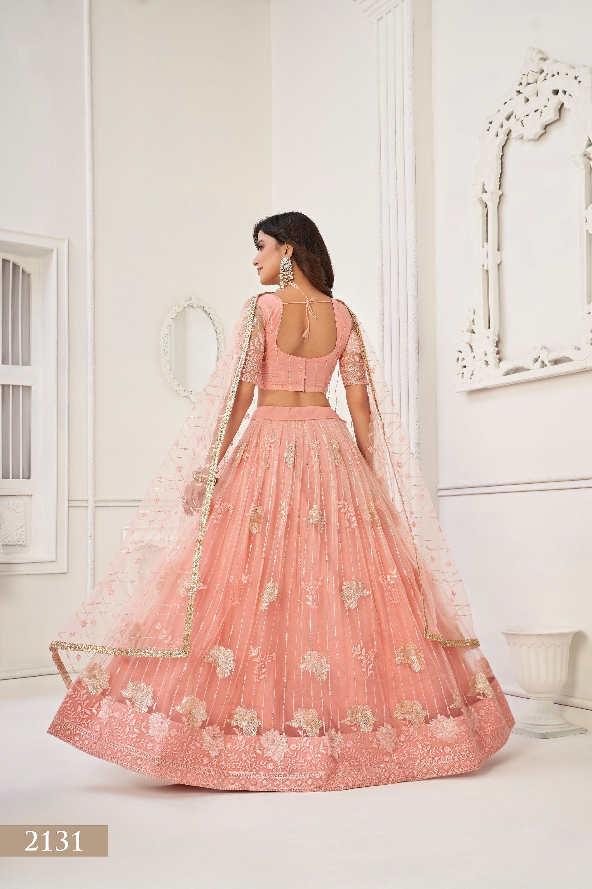 WOMEN'S PEACH BUTTERFLY NET WITH SEQUINS AND EMBROIDERY WORK LEHENGA CHOLI FOR PARTY WEAR