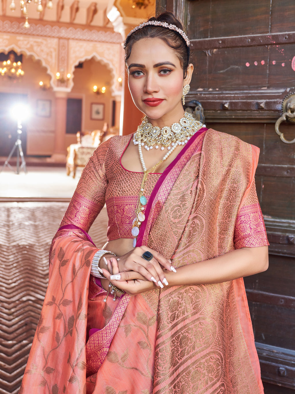 Vsaree Banarasi Cotton Blend Saree With Flower Design Border And Blouse