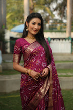 Bandhej Silk Zari Weaving Border With Bandhej Rich Pallu Saree And Blouse For Women