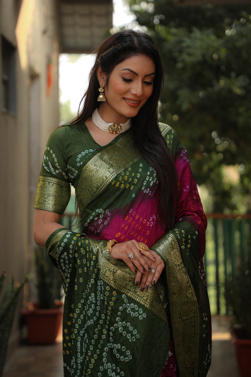 Vsaree Bandhej Silk Zari Weaving Border With Bandhej Rich Pallu Saree And Blouse For Women