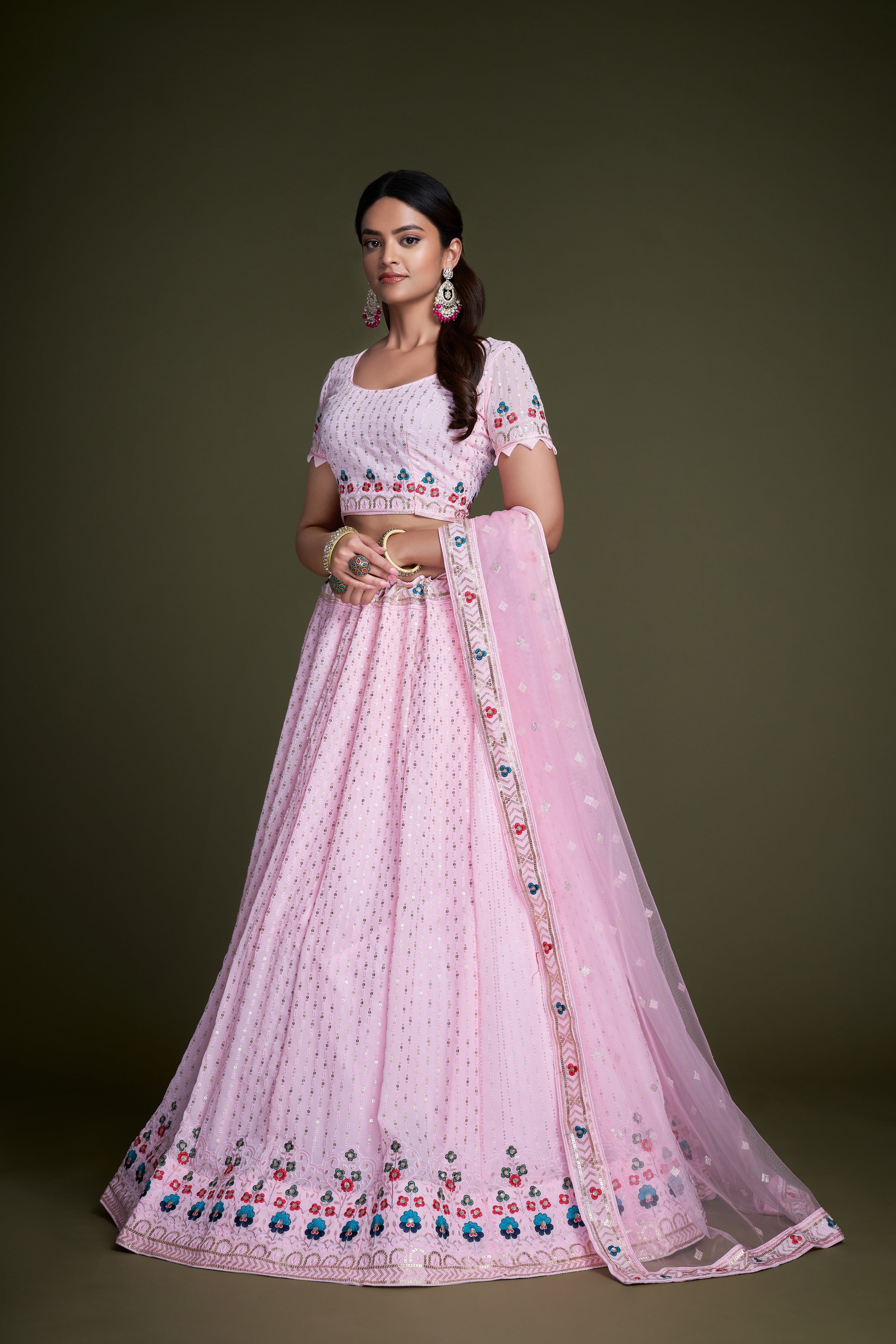 WOMEN'S PINK THREAD & EMBROIDERY WORK GEORGETTE FOR TRADITIONAL LEHENGA CHOLI