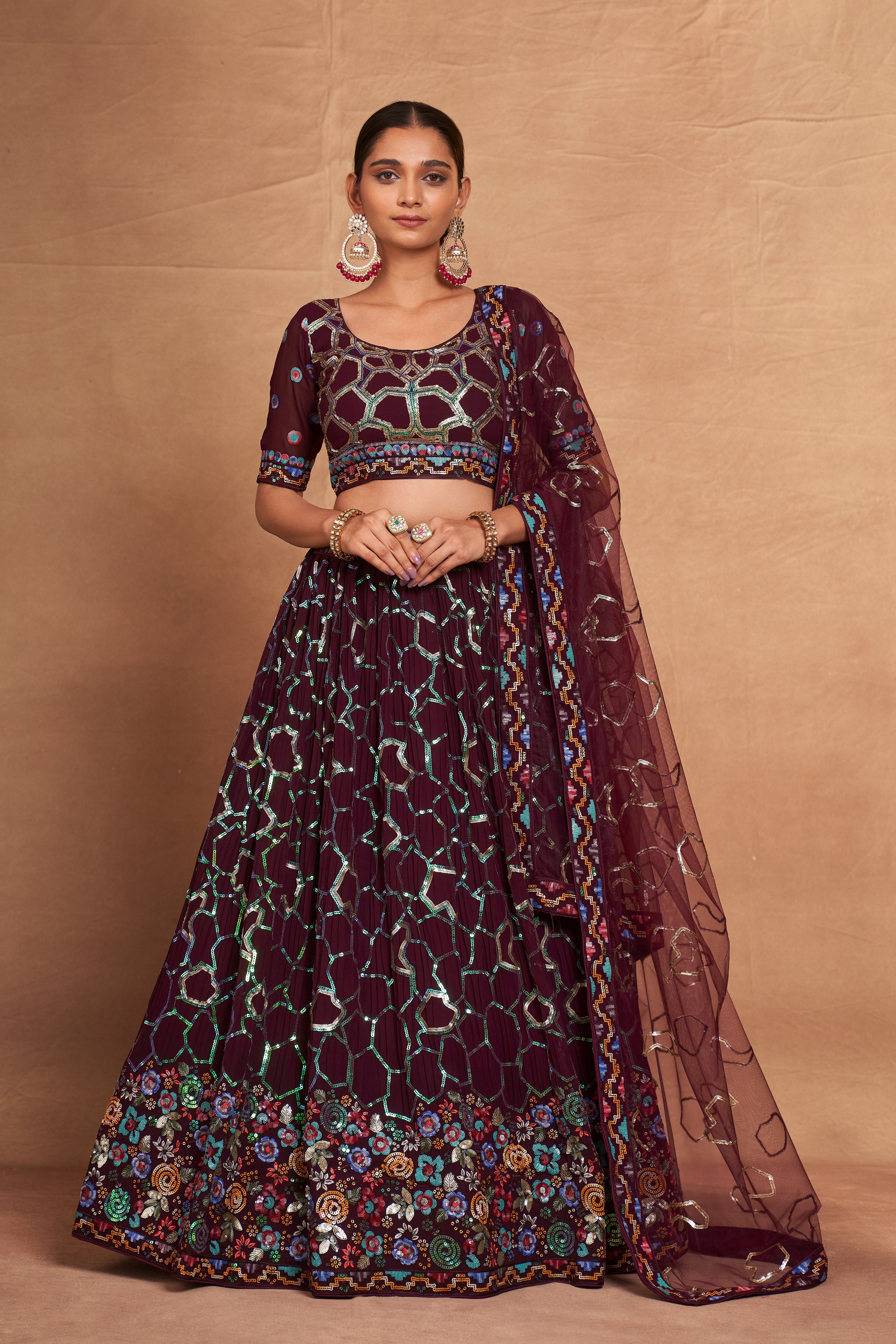 WOMEN'S GEORGETTE WITH SEQUINS AND EMBROIDERY WORK DESIGNER LEHENGA CHOLI