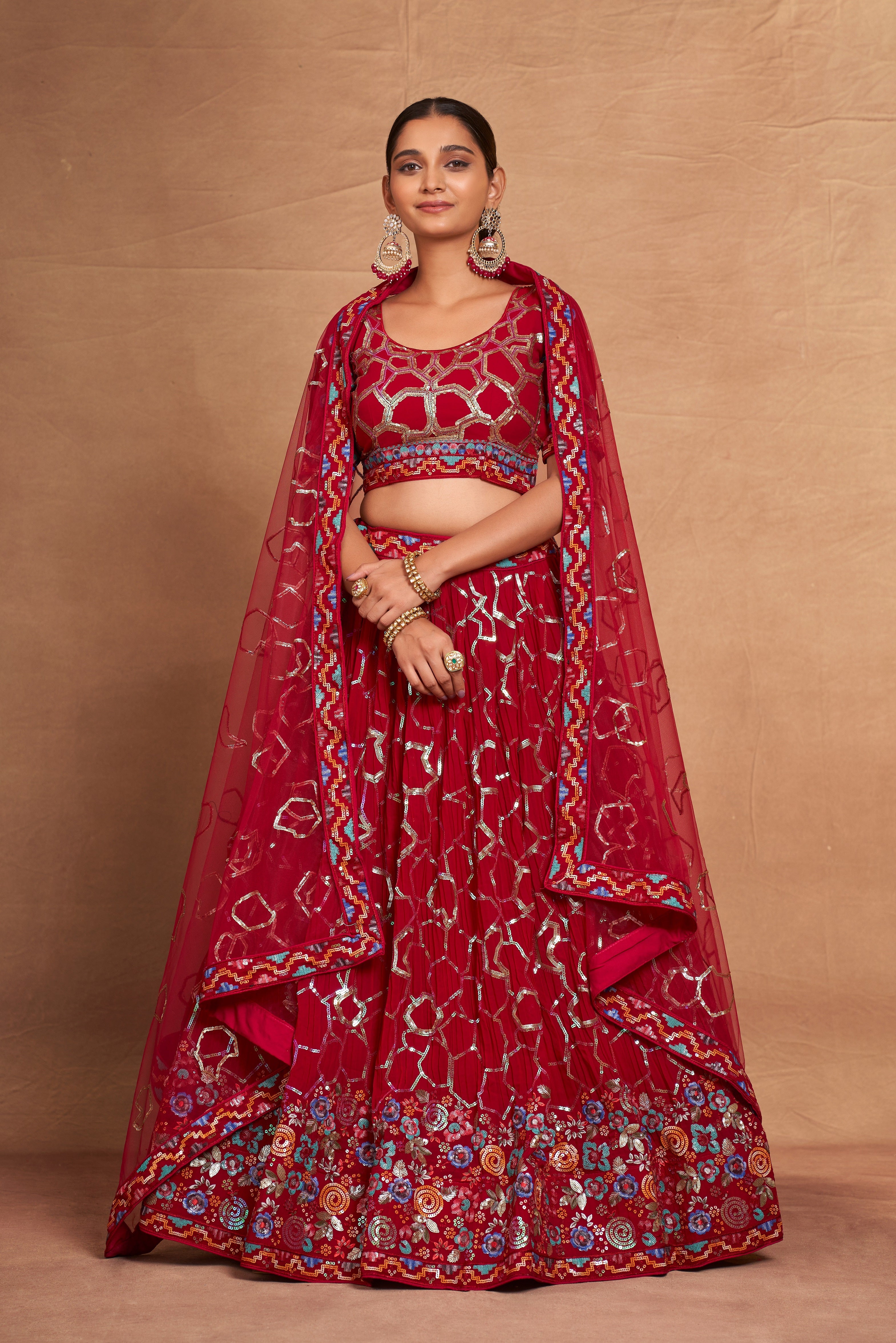 WOMEN'S GEORGETTE WITH SEQUINS AND EMBROIDERY WORK DESIGNER LEHENGA CHOLI