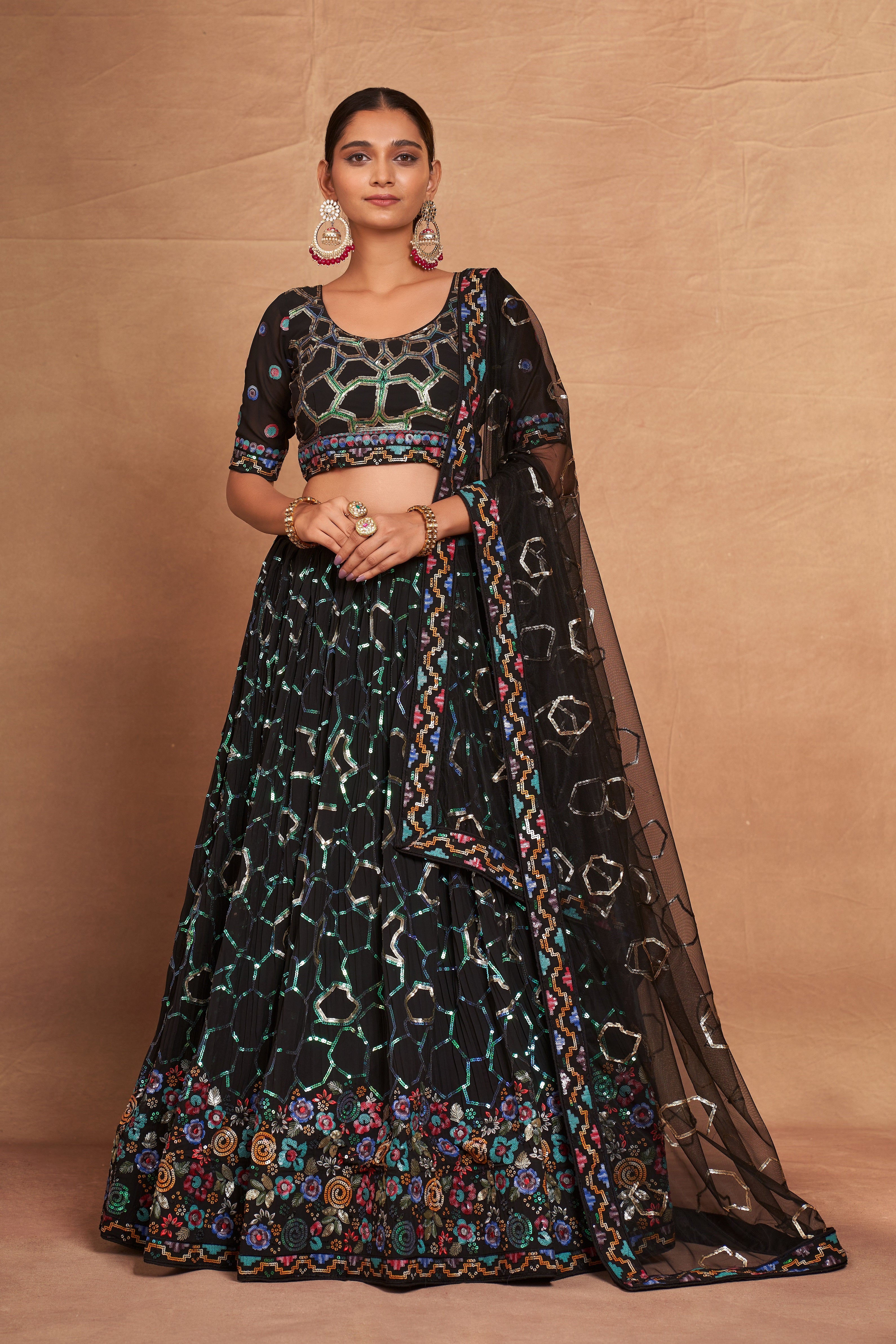 WOMEN'S GEORGETTE WITH SEQUINS AND EMBROIDERY WORK DESIGNER LEHENGA CHOLI