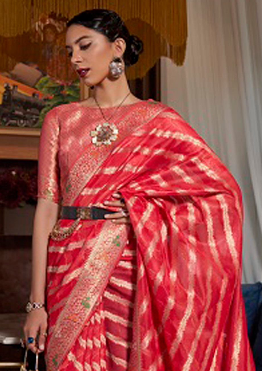 Vsaree Red Banarasi Organza Zari Weaving Border And Hevy Rich Pallu With Blouse