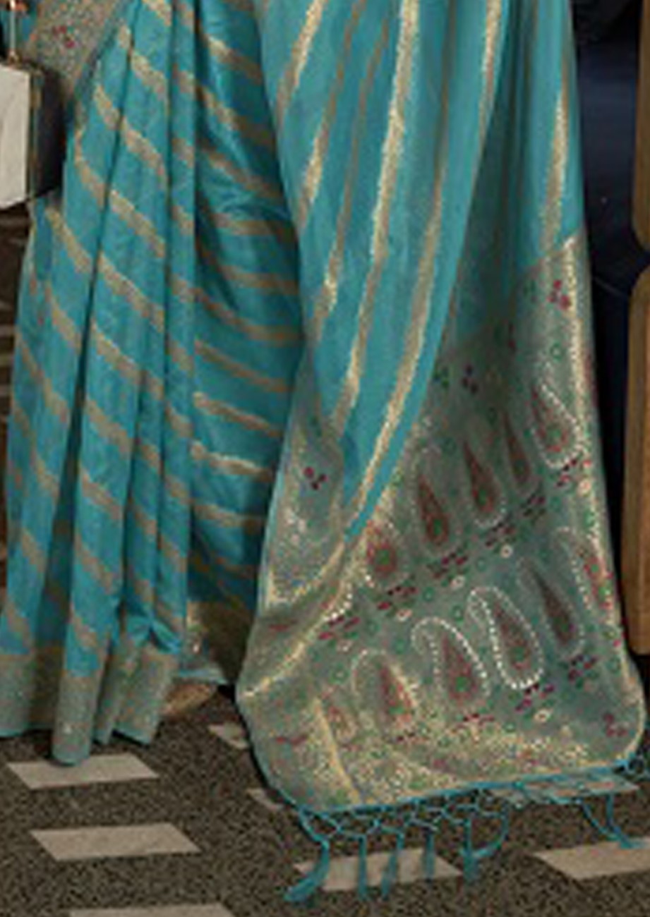 Vsaree Sky Blue Banarasi Organza Zari Weaving Border And Hevy Rich Pallu With Blouse