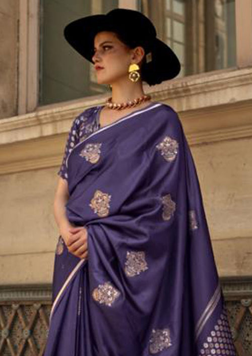 Vsaree Blue Banarasi Satin Silk Zari Weaving Border And Woven Pallu Saree With Blouse For Women