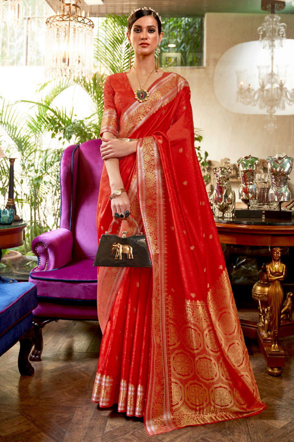 Vsaree Red Banarasi Silk Designer Saree With Banarasi Border And Blouse
