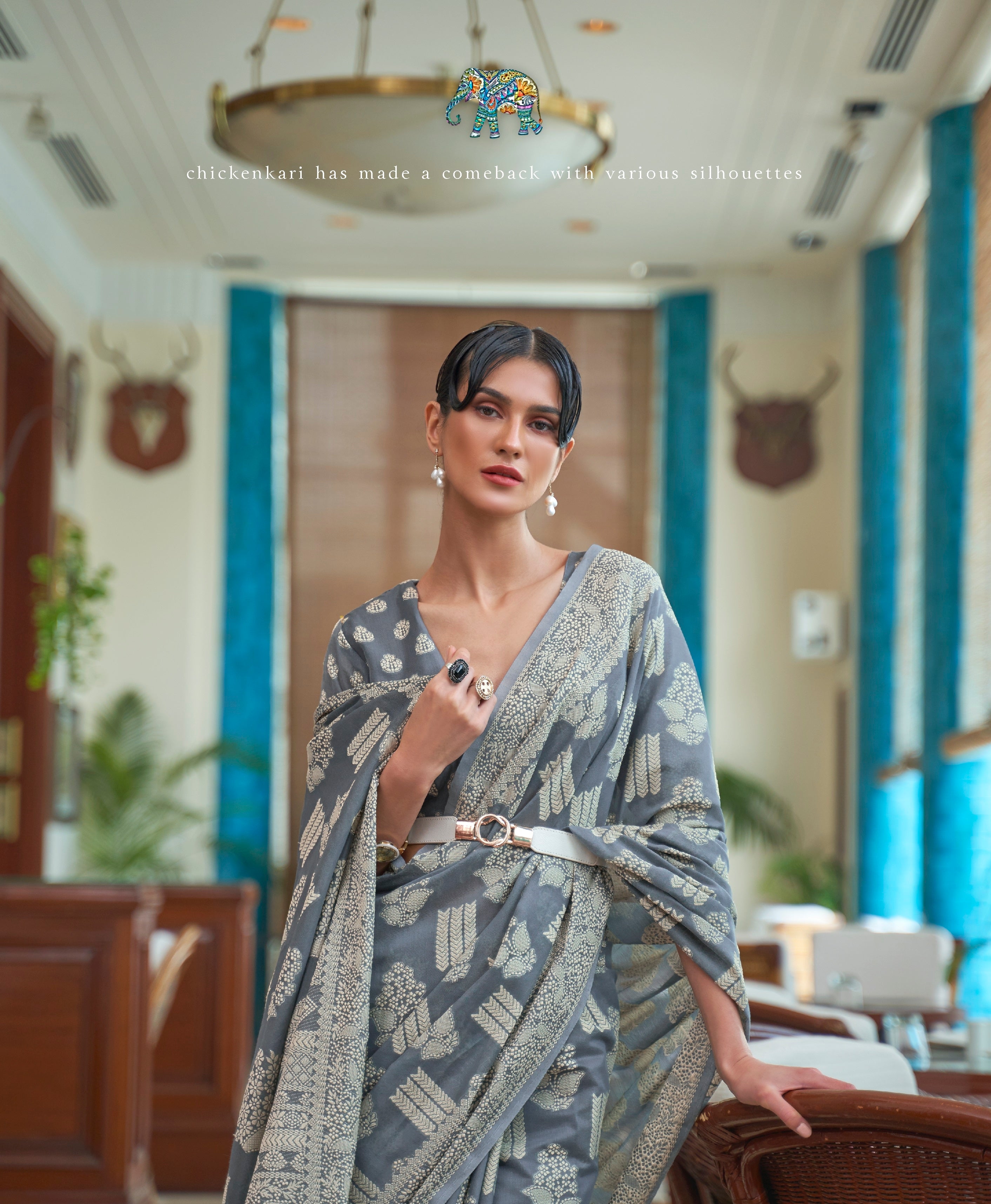 Vsaree Grey Lakhnowi Cotton Saree Multipale Thred Work With Blouse And Heavy Pallu