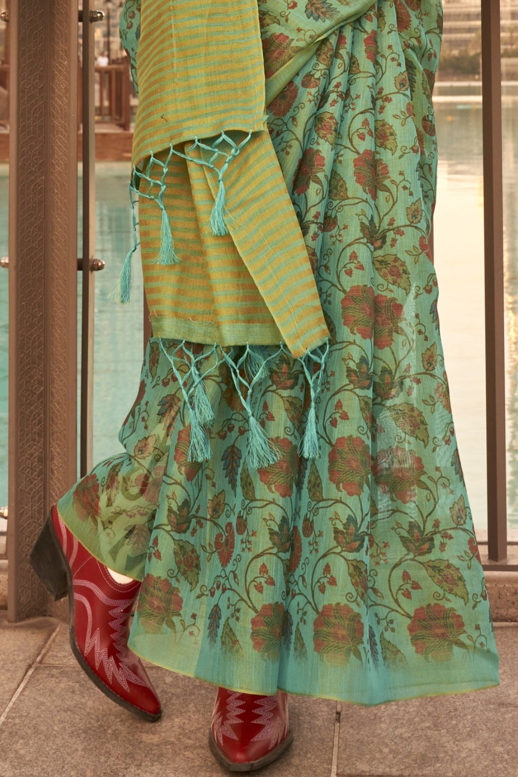 Vsaree Green Printed Tissue Banarasi Silk Saree With Blouse for Women