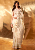 Vsaree Cream Banarasi Silk Designer Saree With Banarasi Border And Blouse
