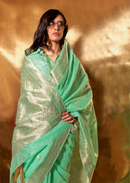 Vsaree Sea Green Banarasi Silk Designer Saree With Banarasi Border And Blouse