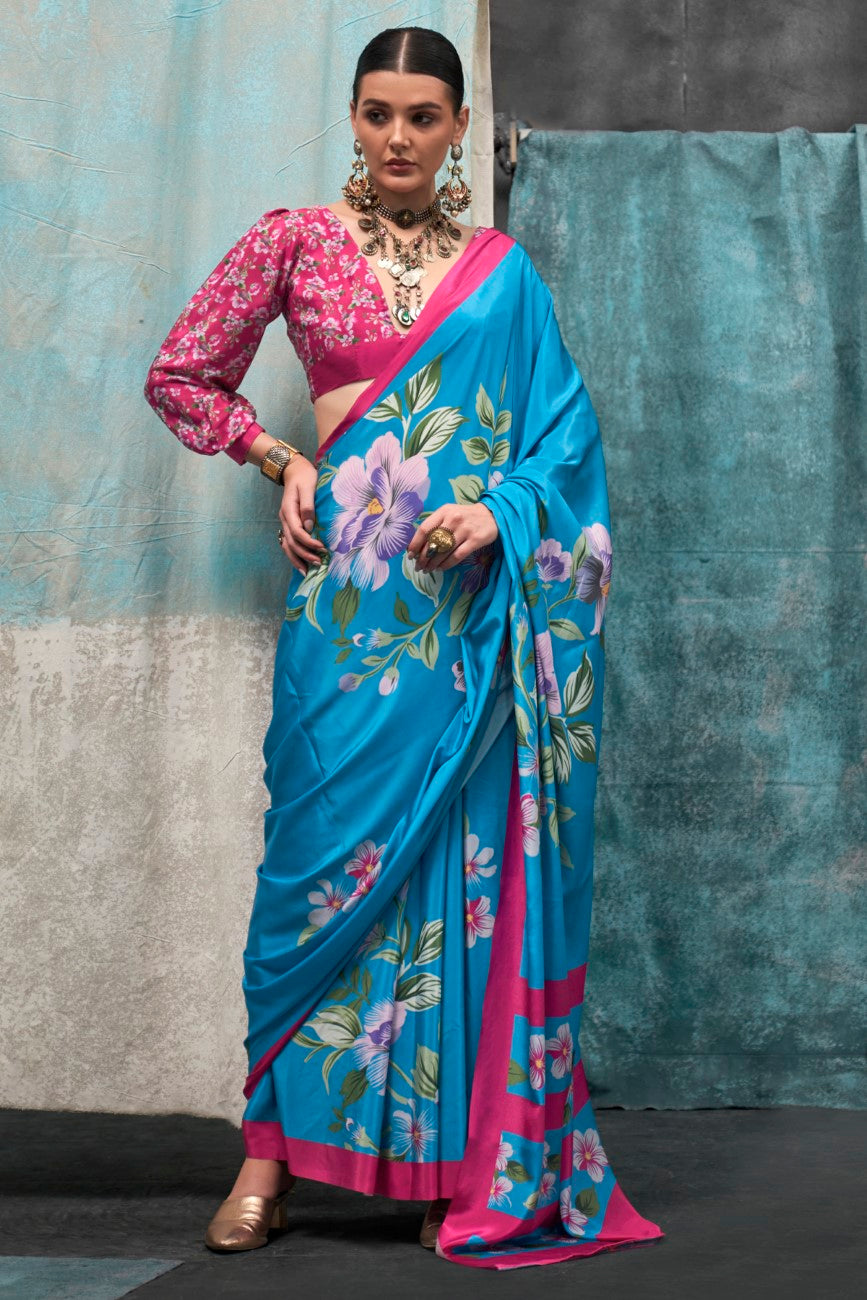 Vsaree Sky Blue Banarasi Silk Designer Saree With Banarasi Border And Blouse