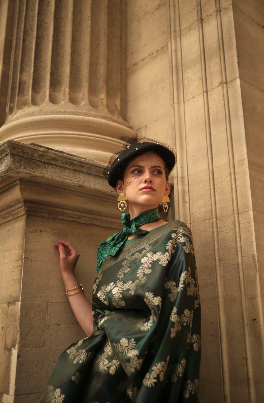 Vsaree Green Banarasi Soft Satin Silk Zari Weaving Border And Woven Pallu Saree With Blouse For Women