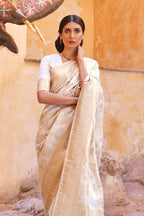 Vsaree Cream Banarasi Silk Golden Border And Zari Weaving Work With Banarasi Design Saree And Blouse