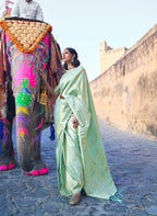 Vsaree Sea Green Kanjivaram Silk And Zari weaving Saree With Designer Border And Blouse