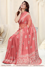 Vsaree Peach Chinon Shiffon Printed Saree And Designer Border With Heavy Rich Pallu