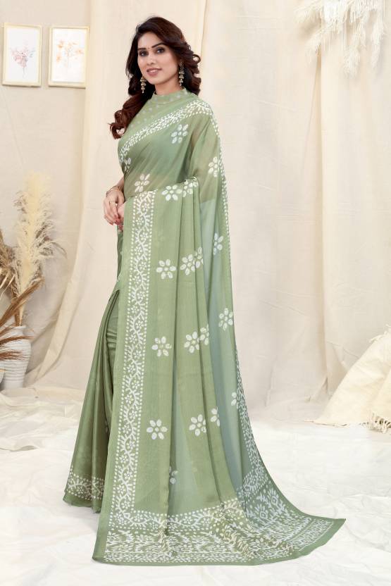 Vsaree Pista Chinon Shiffon Printed Saree And Designer Border With Heavy Rich Pallu