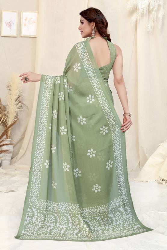 Vsaree Pista Chinon Shiffon Printed Saree And Designer Border With Heavy Rich Pallu