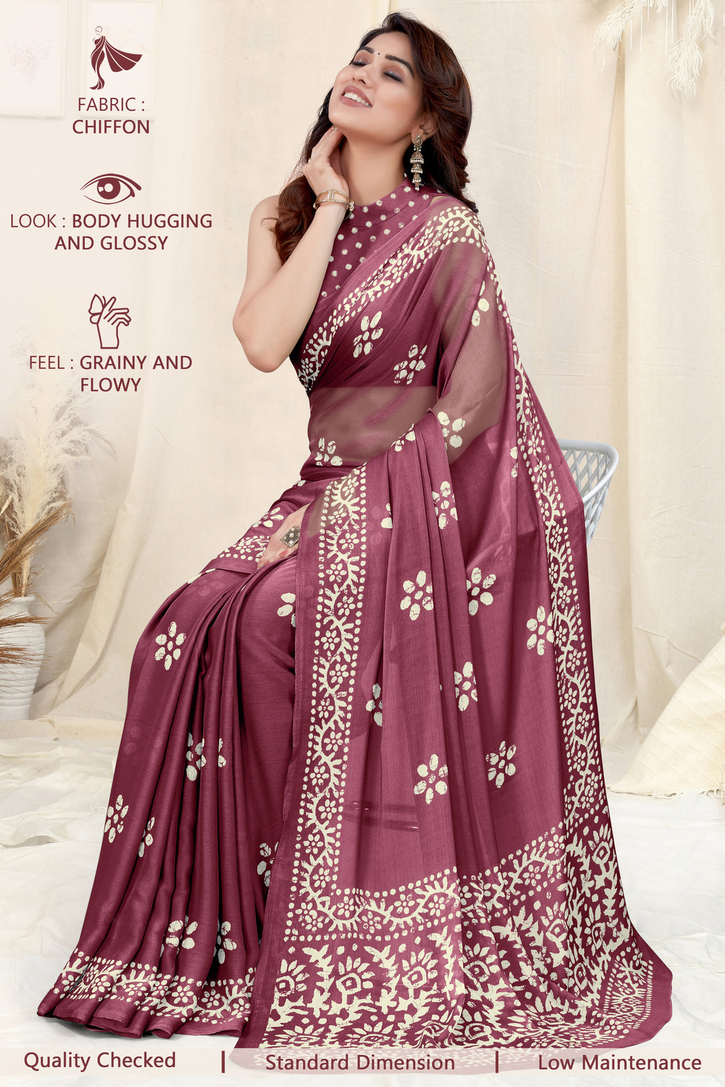 Vsaree Wine Chinon Shiffon Printed Saree And Designer Border With Heavy Rich Pallu