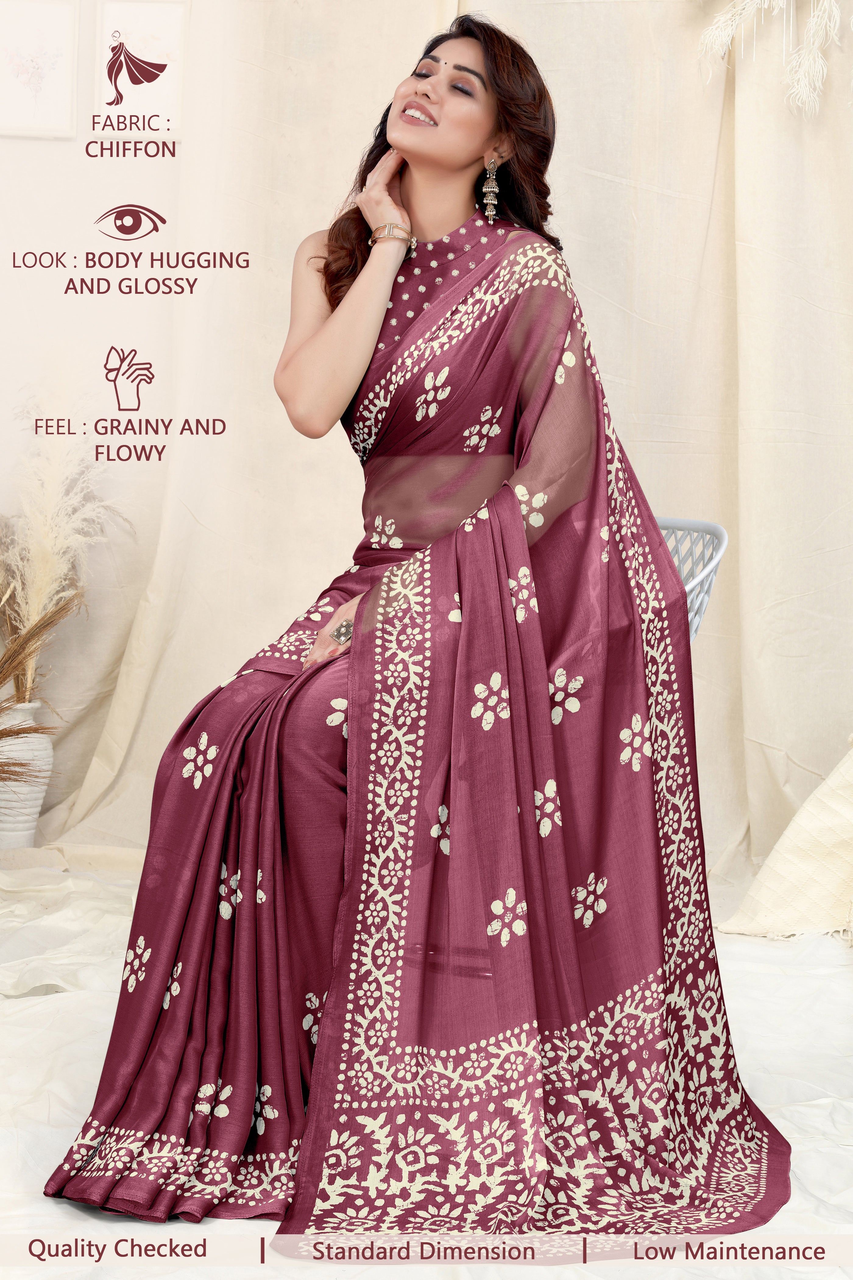 Vsaree Wine Chinon Shiffon Printed Saree And Designer Border With Heavy Rich Pallu