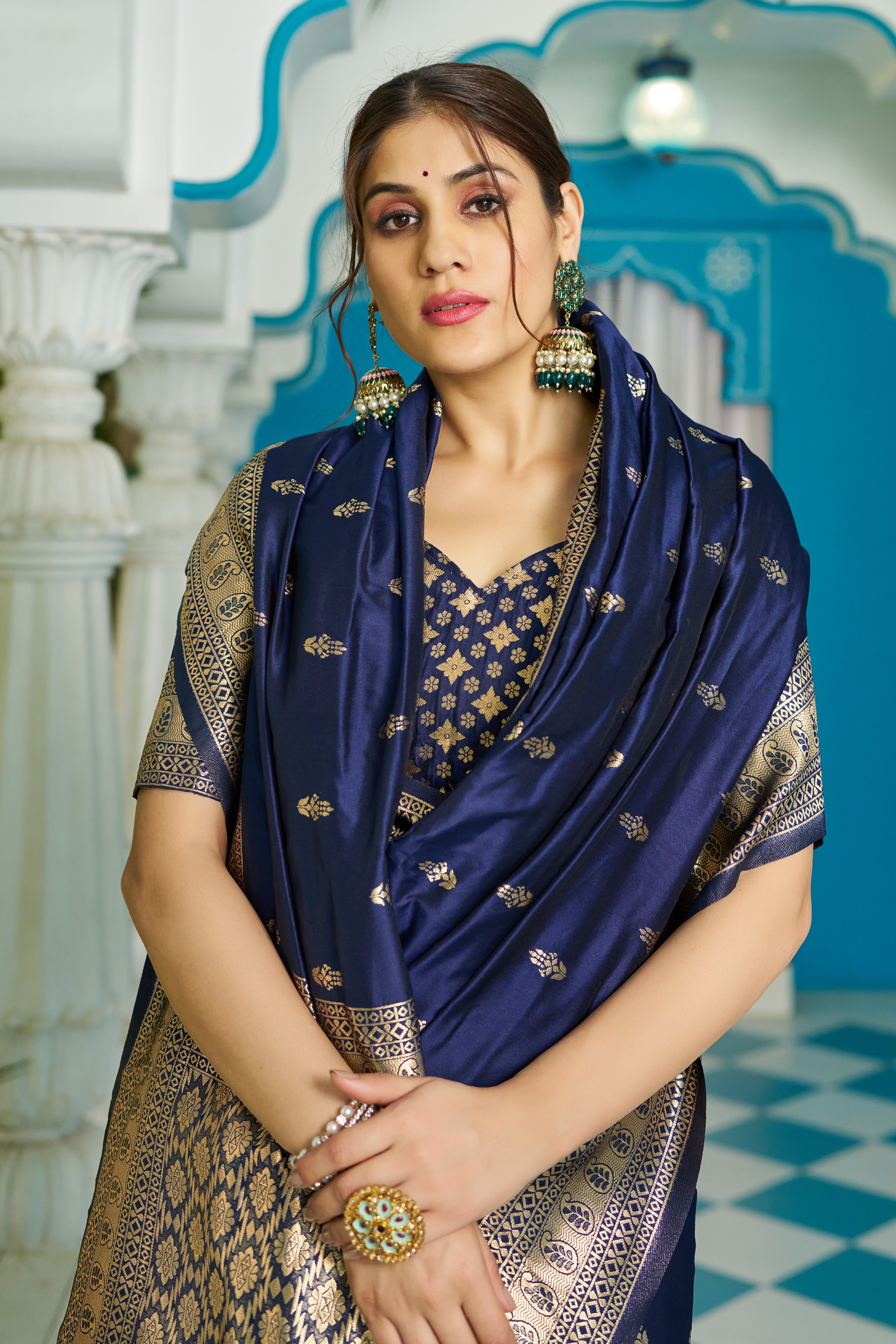 Vsaree Blue Silk Blend Saree With Designer Border And Heavy Pallu Along With Blouse