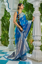 Vsaree Blue Silk Blend Saree With Designer Border And Heavy Pallu Along With Blouse