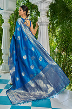 Vsaree Blue Silk Blend Saree With Designer Border And Heavy Pallu Along With Blouse